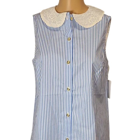 Halston Floral Peter Pan Collar Button Down Blue & White Stripe NWT - Picture 2 of 2